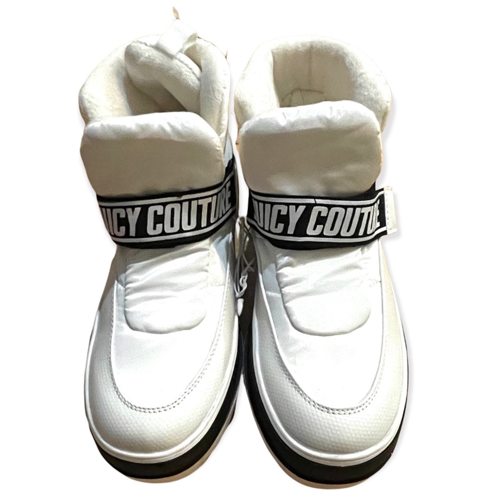 NWT Juicy Couture Veronica Snow Winter Slip-on Booties White Black Velcro, sz 9